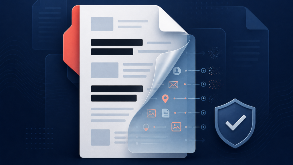 Ilustração editorial de um documento PDF com trechos removidos, uma camada transparente de metadados sendo limpa e um escudo de verificação