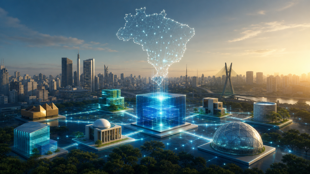 Ilustração editorial de uma rede de inteligência artificial conectando empresas, universidades e instituições diante do horizonte de São Paulo