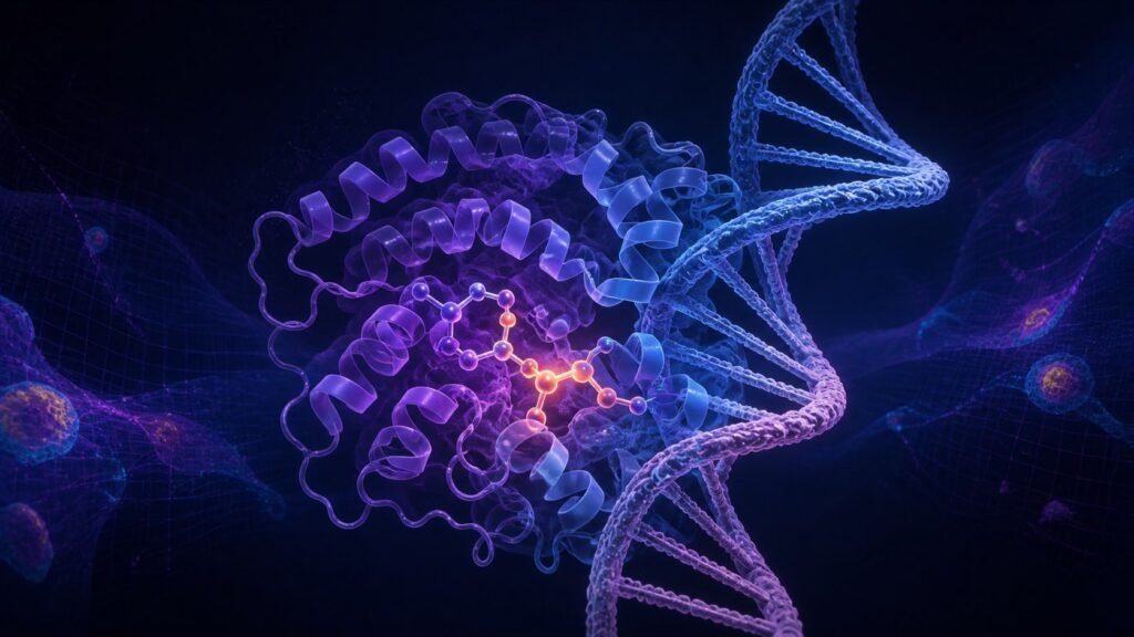 Ilustração editorial de uma proteína, uma hélice de DNA e uma pequena molécula conectadas, representando previsões do AlphaFold 3