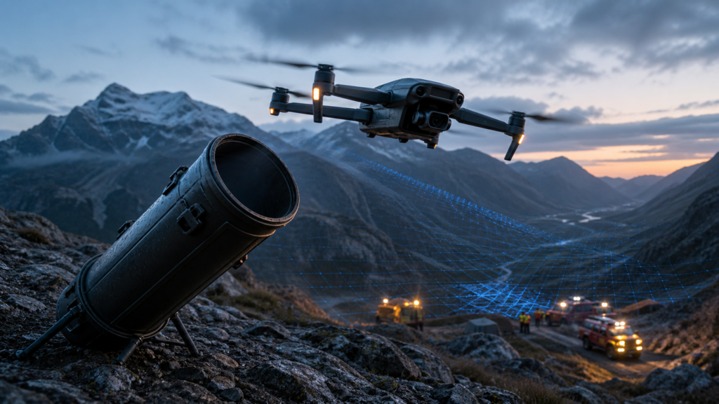 Ilustração editorial de um drone autônomo saindo de um tubo durante operação de busca em montanhas