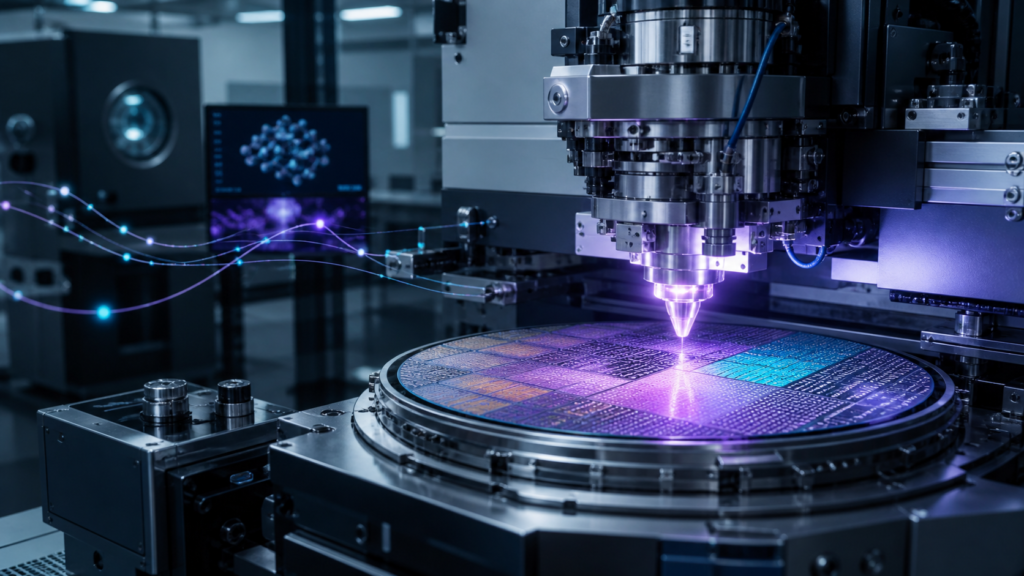 Ilustração editorial de uma plataforma de nanofabricação aplicando materiais sobre um substrato