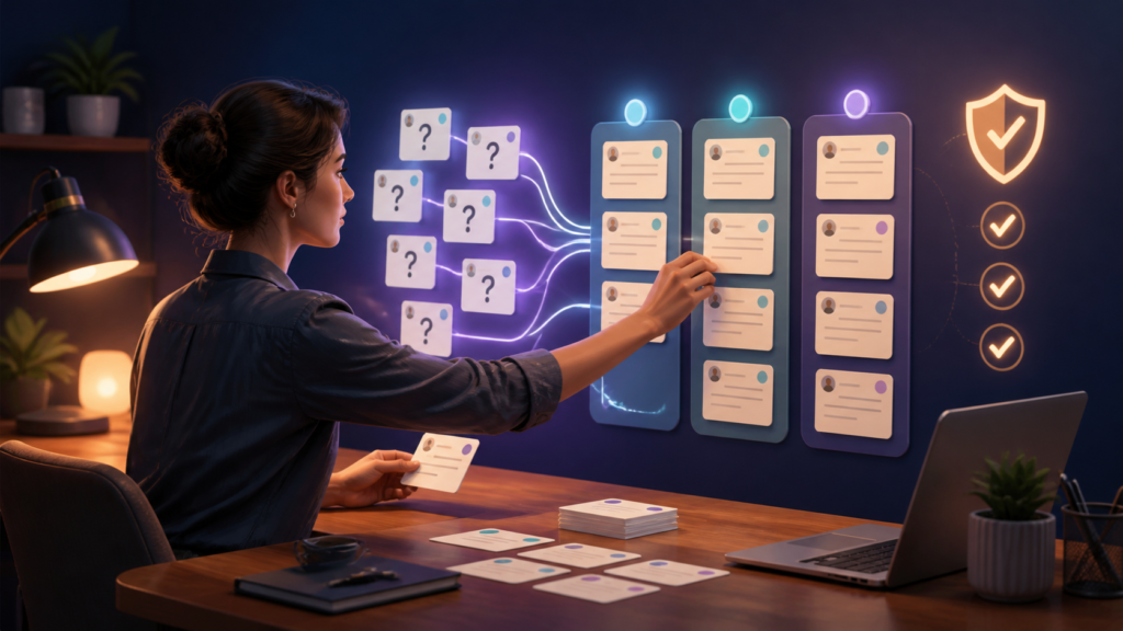 Profissional organiza perguntas frequentes em cartões com apoio visual de IA e validação de privacidade