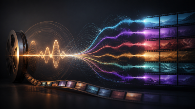 Ilustração de ondas de voz coloridas conectando um filme a várias versões de áudio sincronizadas
