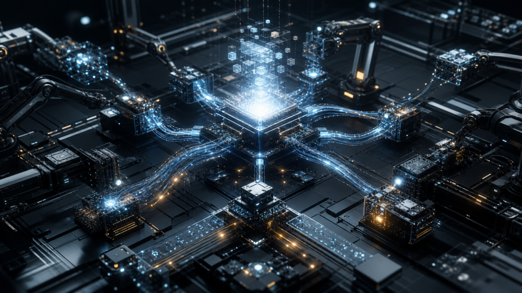 Ilustração de um núcleo de inteligência artificial coordenando módulos e ferramentas em uma oficina computacional futurista