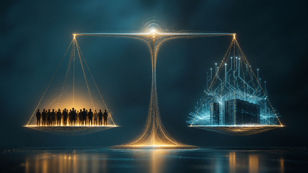 Balança de luz equilibra um grupo de pessoas e um núcleo de inteligência artificial
