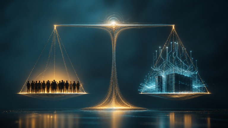 Balança de luz equilibra um grupo de pessoas e um núcleo de inteligência artificial
