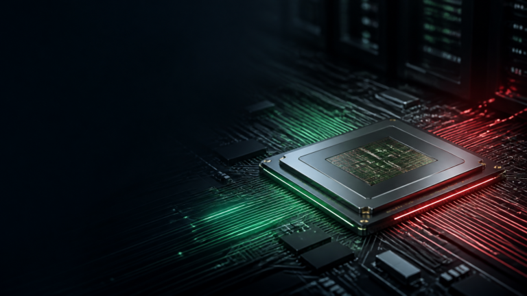 Chip de inferência conceitual sobre placa com trilhas verdes e vermelhas em ambiente de data center