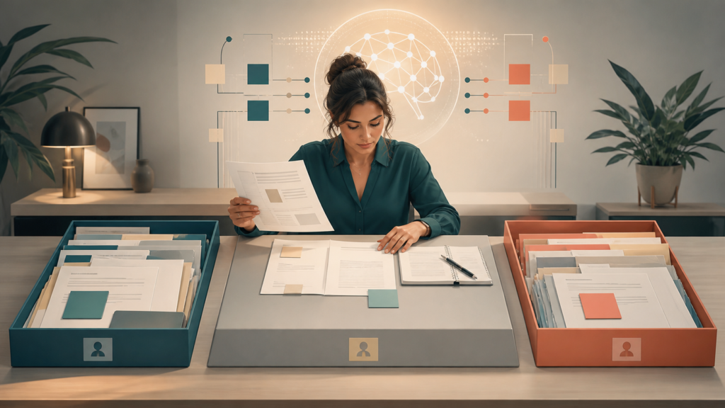 Profissional organiza três conjuntos separados de documentos de clientes antes de preparar o contexto para uma IA