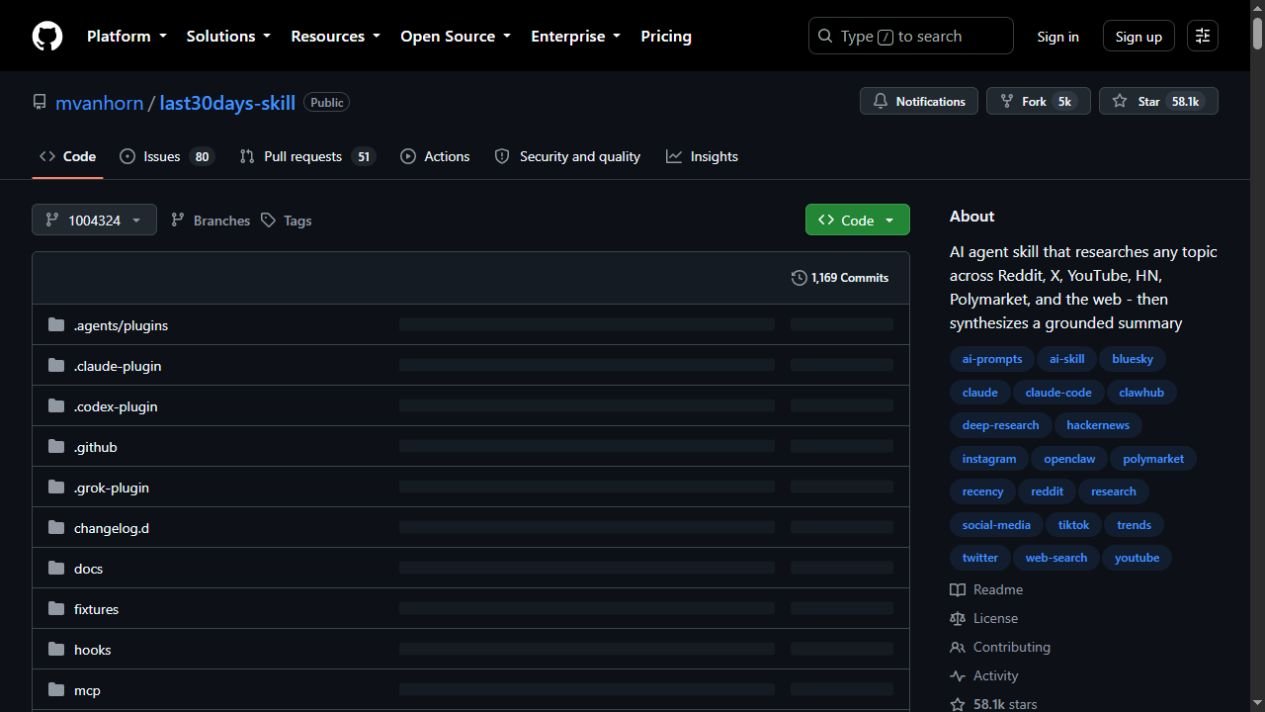Captura real do repositório público Last30Days no GitHub, fixado no commit auditado