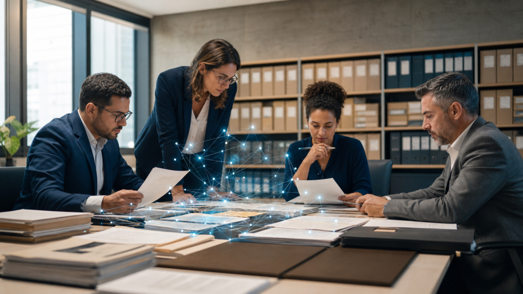 Equipe de auditores revisa documentos enquanto uma rede abstrata organiza conexões entre as evidências