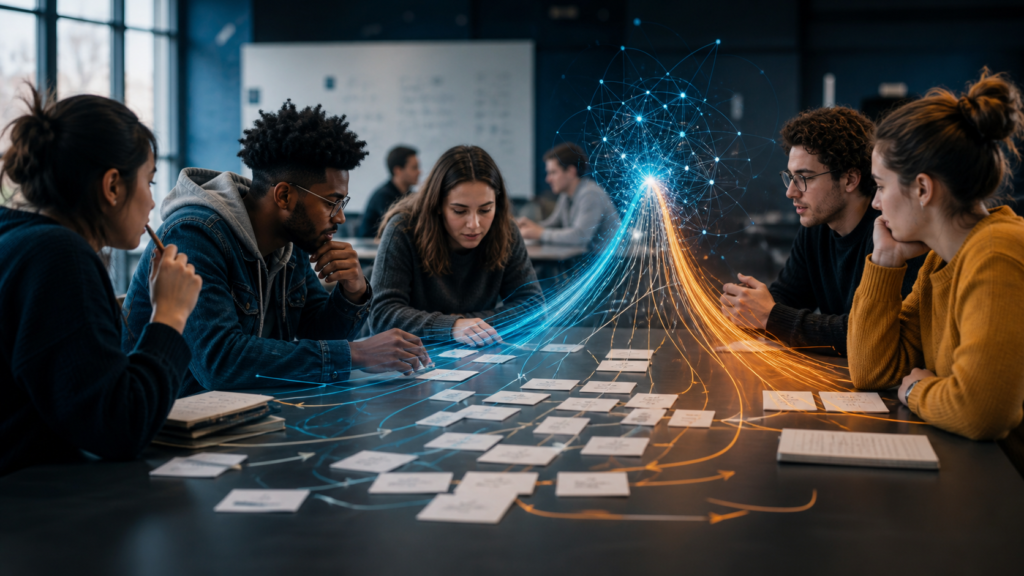 Estudantes universitários comparam ideias e relações de causa e efeito ao lado de uma visualização abstrata de inteligência artificial