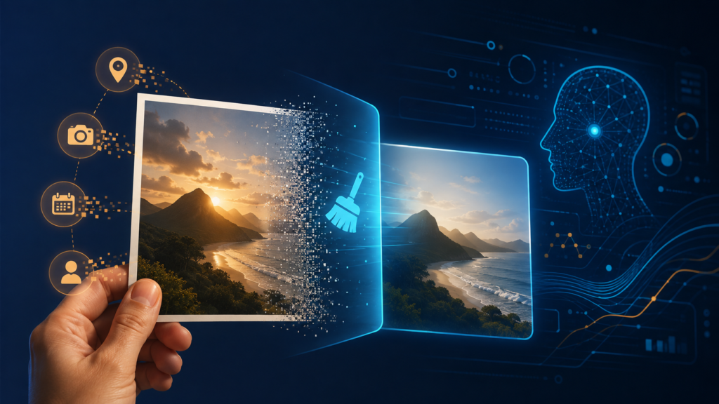 Ilustração de uma fotografia passando por limpeza de metadados antes do envio a uma inteligência artificial