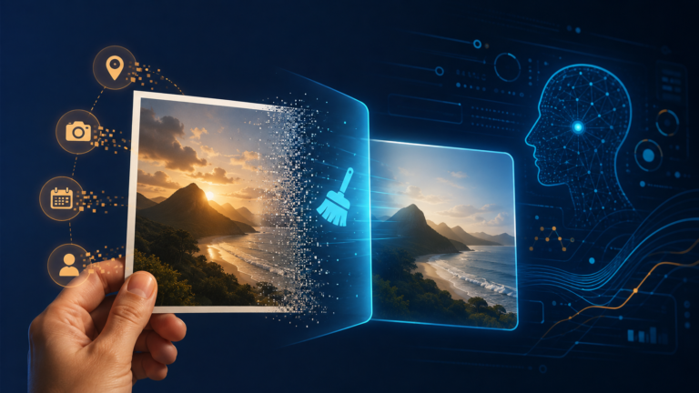 Ilustração de uma fotografia passando por limpeza de metadados antes do envio a uma inteligência artificial