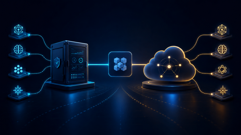 Ilustração editorial de um gateway autogerenciado e uma nuvem gerenciada distribuindo chamadas entre vários provedores de IA