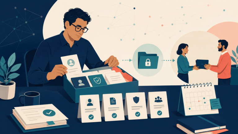 Profissional organiza um kit de onboarding com documentos, checklist, calendário e pasta segura antes da entrega ao cliente