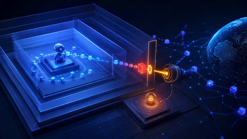 Agente abstrato dentro de um sandbox enquanto um monitor em tempo real bloqueia uma ação dirigida à internet