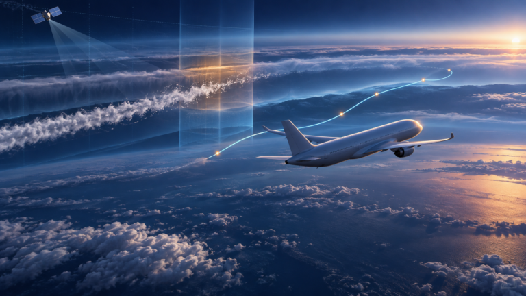 Avião segue rota calculada por IA entre camadas atmosféricas enquanto satélite observa um rastro de condensação