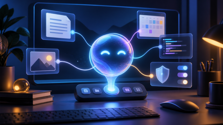 Ilustração editorial de um assistente de inteligência artificial conectado a documentos e controles de permissão em um computador