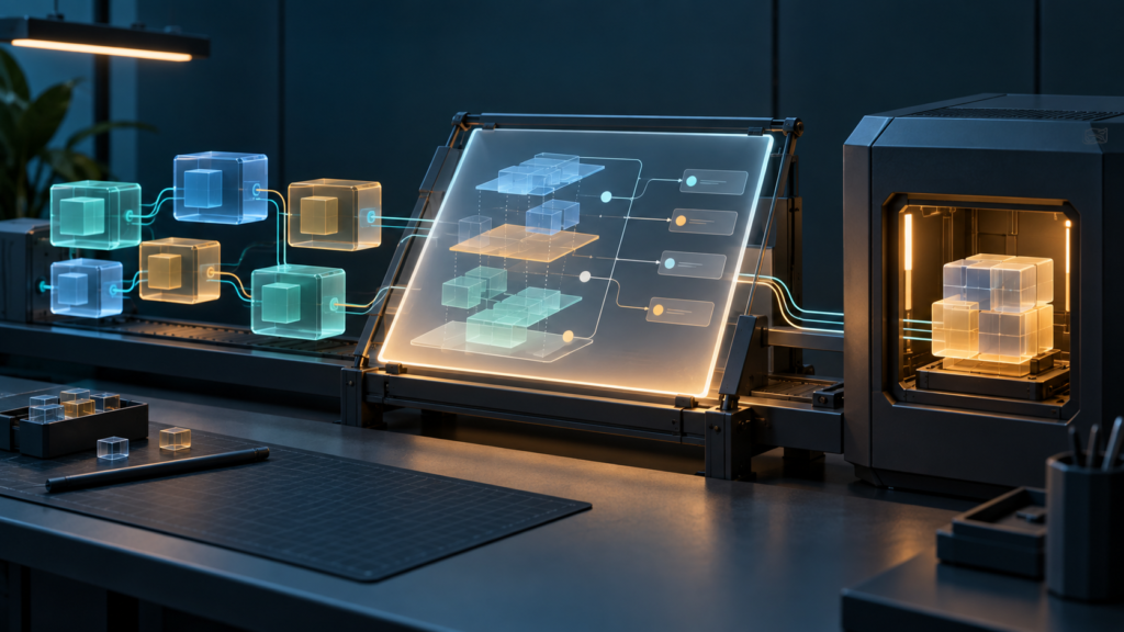 Ilustração editorial de módulos de software sendo inspecionados em camadas antes de entrar em uma máquina abstrata de execução