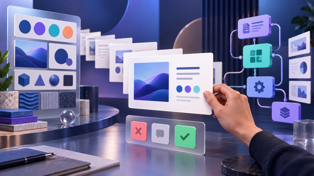 Ilustração editorial de slides, kit visual e módulos de workflow com uma mão humana revisando a apresentação antes da aprovação