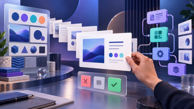 Ilustração editorial de slides, kit visual e módulos de workflow com uma mão humana revisando a apresentação antes da aprovação