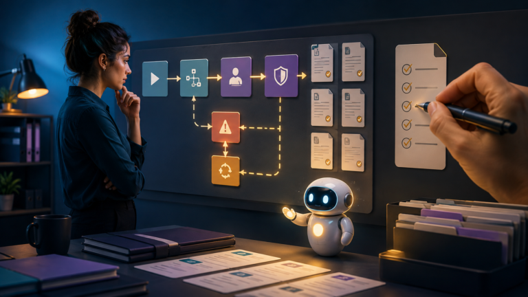 Profissional revisa um mapa de automação com etapas de falha, recuperação e checklist humano