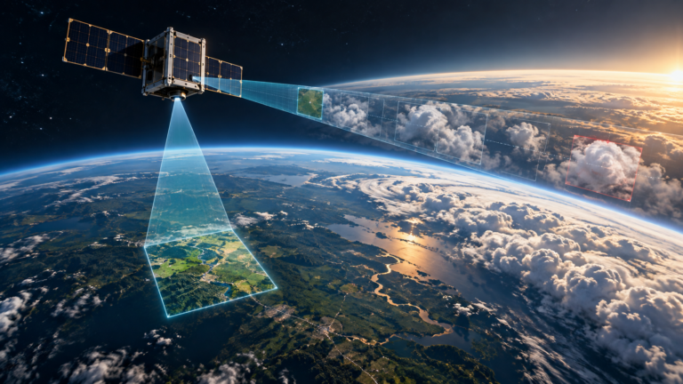 Ilustração editorial de satélite observando nuvens à frente e uma área limpa da Terra