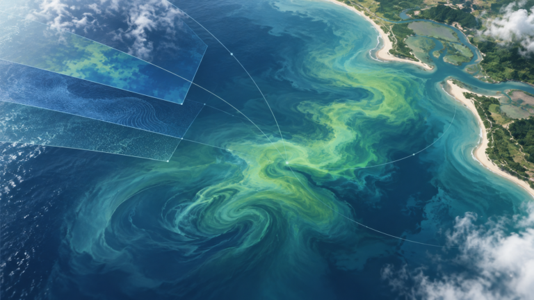 Ilustração editorial de dados de satélite sobre mar e costa com padrões verdes abstratos