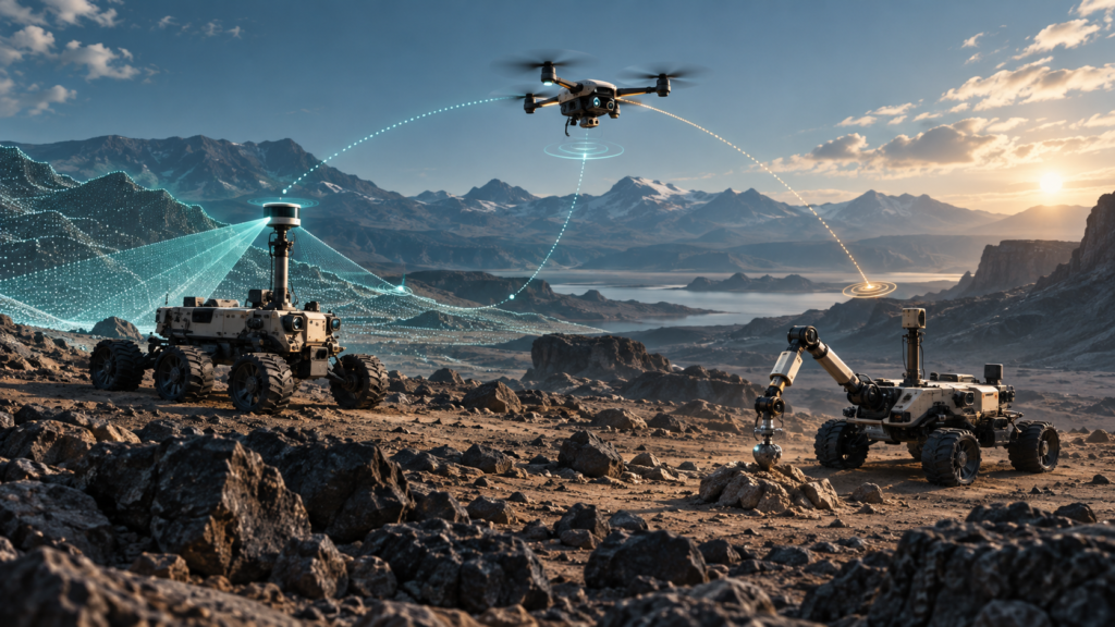 Ilustração editorial de um drone e dois robôs terrestres coordenando uma exploração científica em terreno rochoso