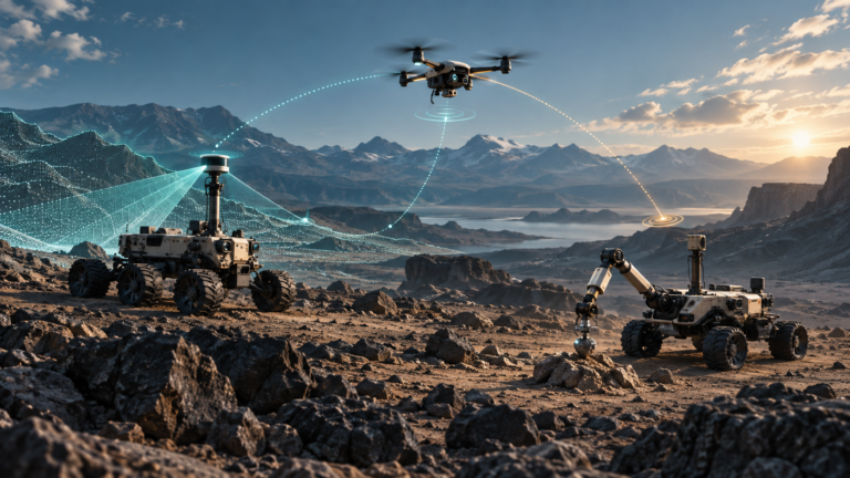 Ilustração editorial de um drone e dois robôs terrestres coordenando uma exploração científica em terreno rochoso