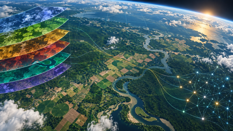 Ilustração editorial de paisagem terrestre vista do espaço com camadas espectrais e rede abstrata de análise por inteligência artificial