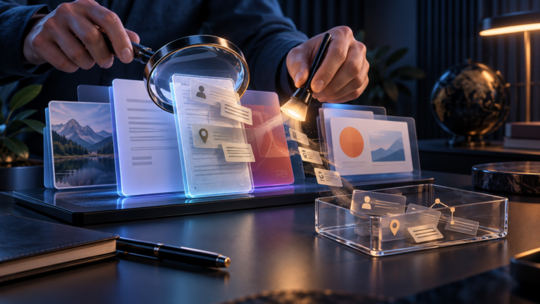 Ilustração editorial de documentos digitais sendo inspecionados e separados de metadados ocultos antes da entrega