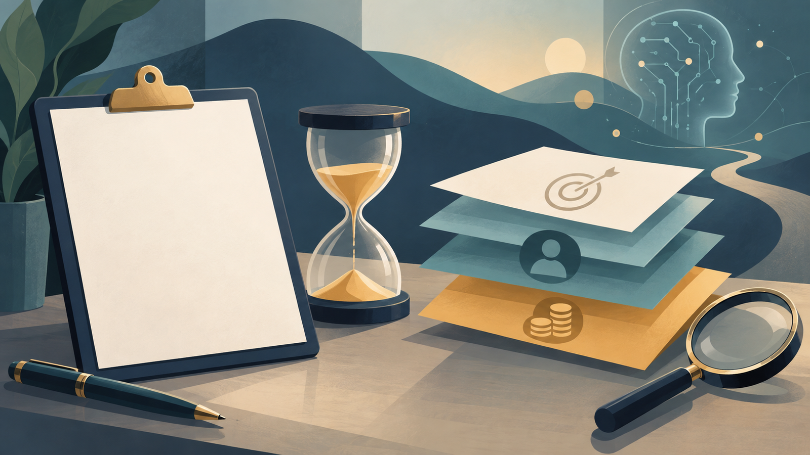 Ilustração editorial de um briefing em branco, uma ampulheta e camadas de trabalho representando escopo, revisão humana e custos