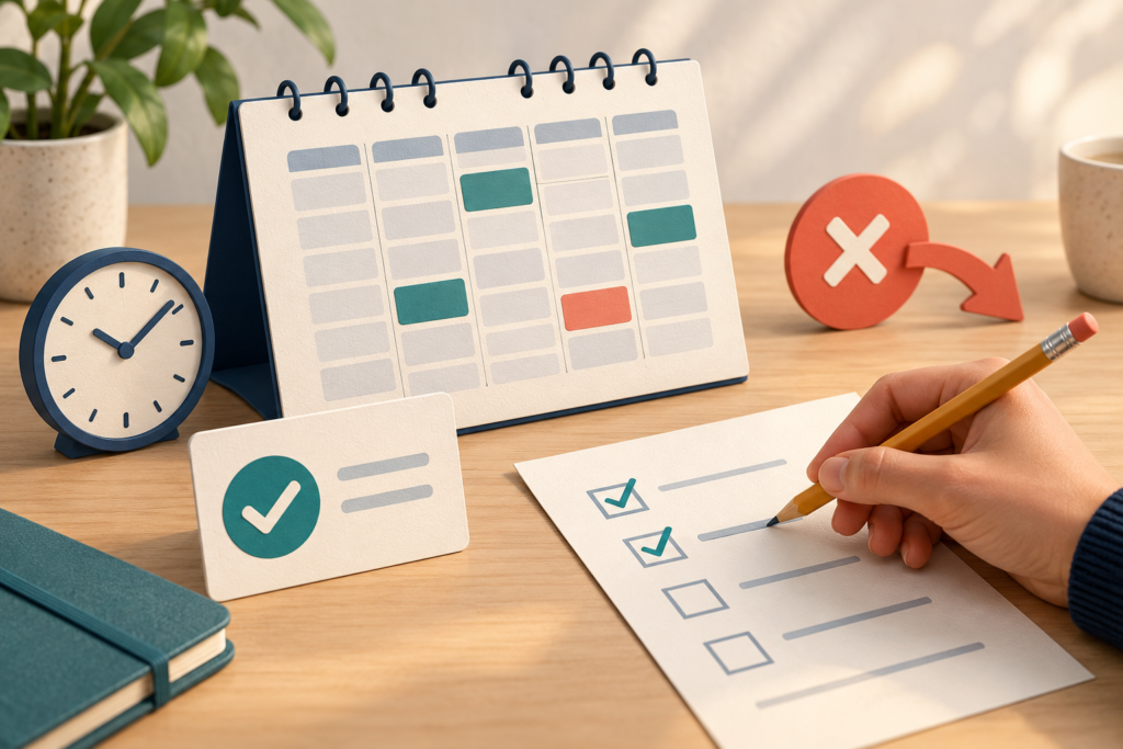 Ilustração editorial de calendário, relógio, cartões de confirmação e cancelamento e mão conferindo uma lista