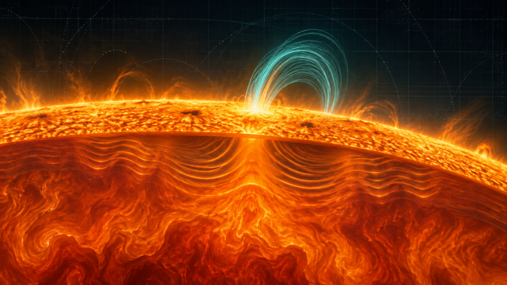 Ilustração editorial da superfície do Sol com ondas internas e contornos de campo magnético emergindo