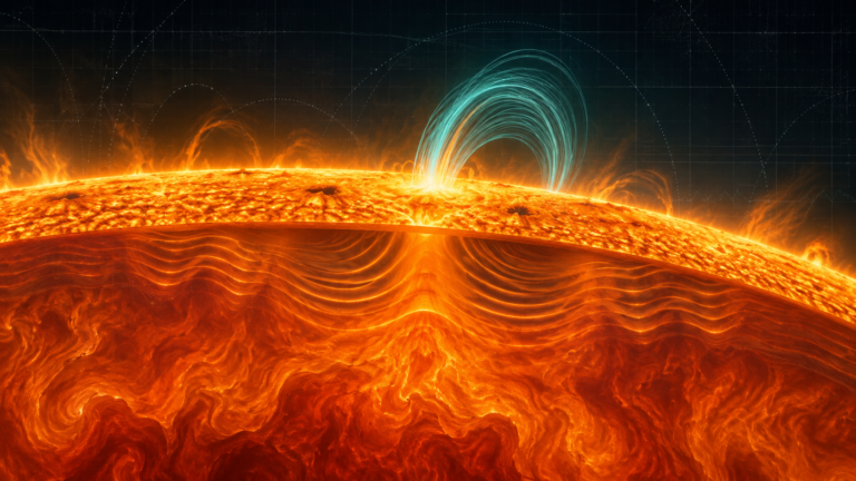 Ilustração editorial da superfície do Sol com ondas internas e contornos de campo magnético emergindo