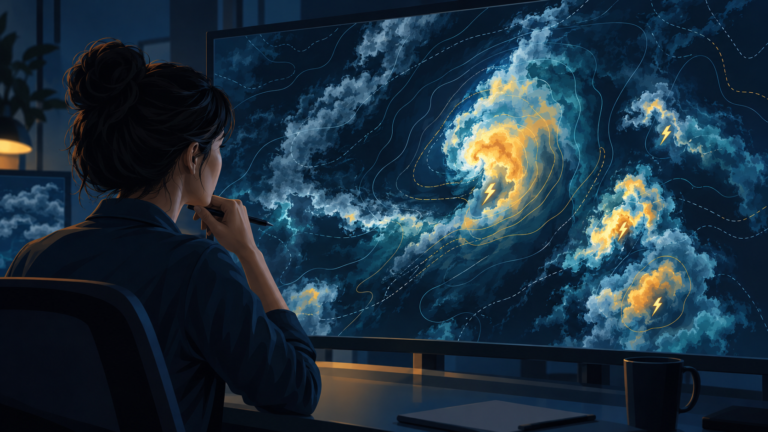 Ilustração editorial de meteorologista diante de mapa abstrato de nuvens e risco de raios