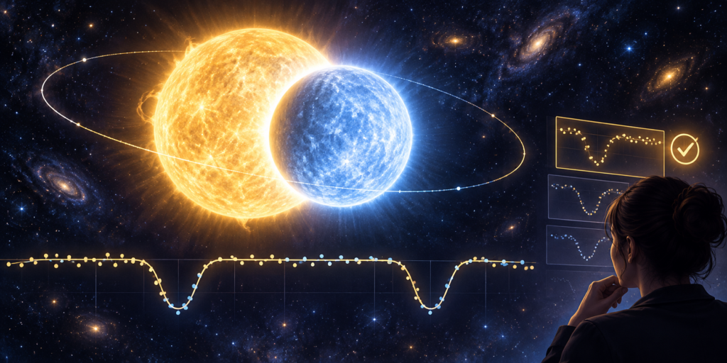 Ilustração editorial de duas estrelas em eclipse, com curva de brilho abstrata e símbolo de revisão humana