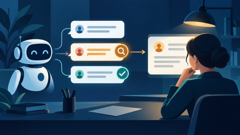 Ilustração editorial de uma pessoa revisando cartões de conversa de um chatbot, com lupa e marca de correção