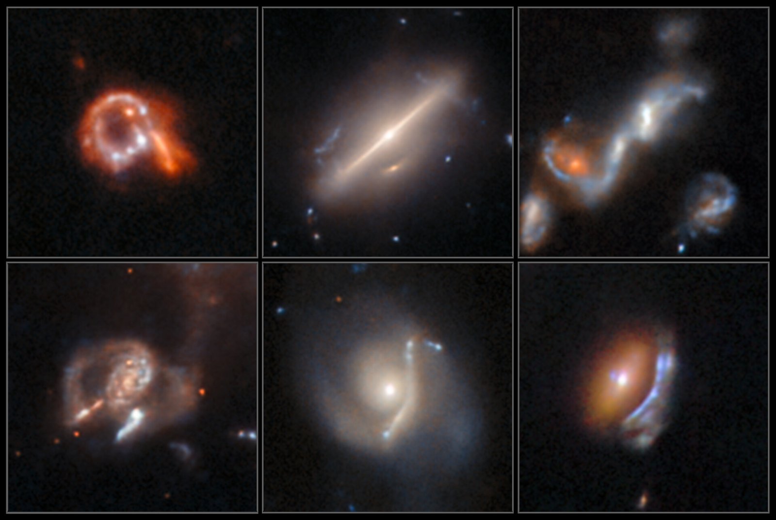 Mosaico oficial da ESA/Hubble com seis imagens de galáxias incomuns, incluindo arcos gravitacionais, interação entre galáxias e uma estrutura em anel