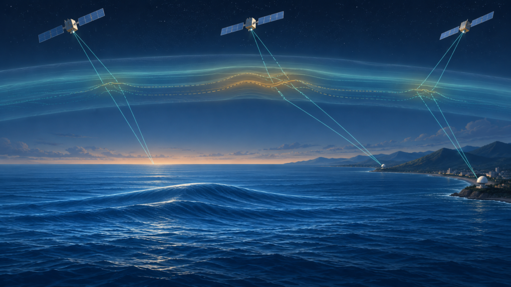 Ilustração editorial da propagação de sinais entre satélites e receptores diante de uma onda oceânica, sem representar dados reais