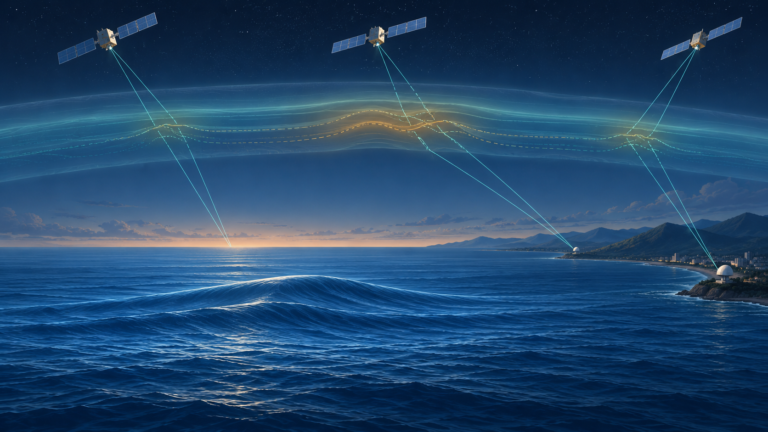 Ilustração editorial da propagação de sinais entre satélites e receptores diante de uma onda oceânica, sem representar dados reais