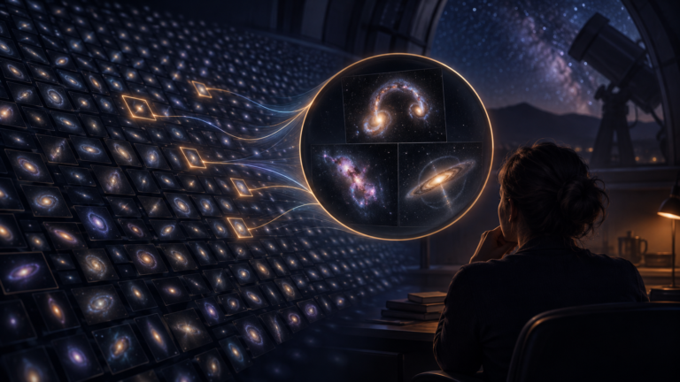 Ilustração editorial de uma pesquisadora examinando um arquivo de imagens astronômicas priorizadas por uma ferramenta de IA