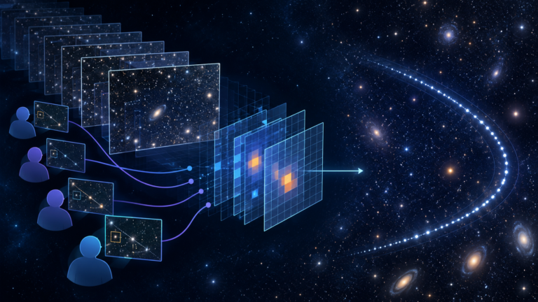 Ilustração editorial de voluntários e análise computacional examinando imagens astronômicas e um rastro curvo abstrato