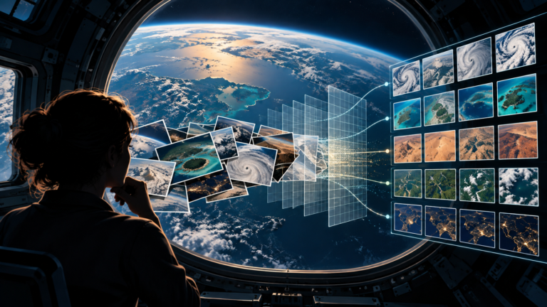Ilustração editorial conceitual de fotografias da Terra sendo organizadas em uma grade com revisão humana