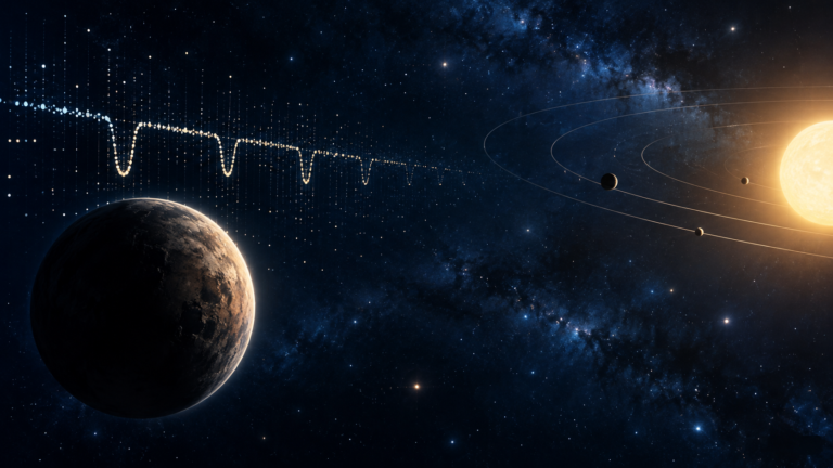 Ilustração editorial de um sistema estelar e sinais de dados astronômicos, sem representar observação real