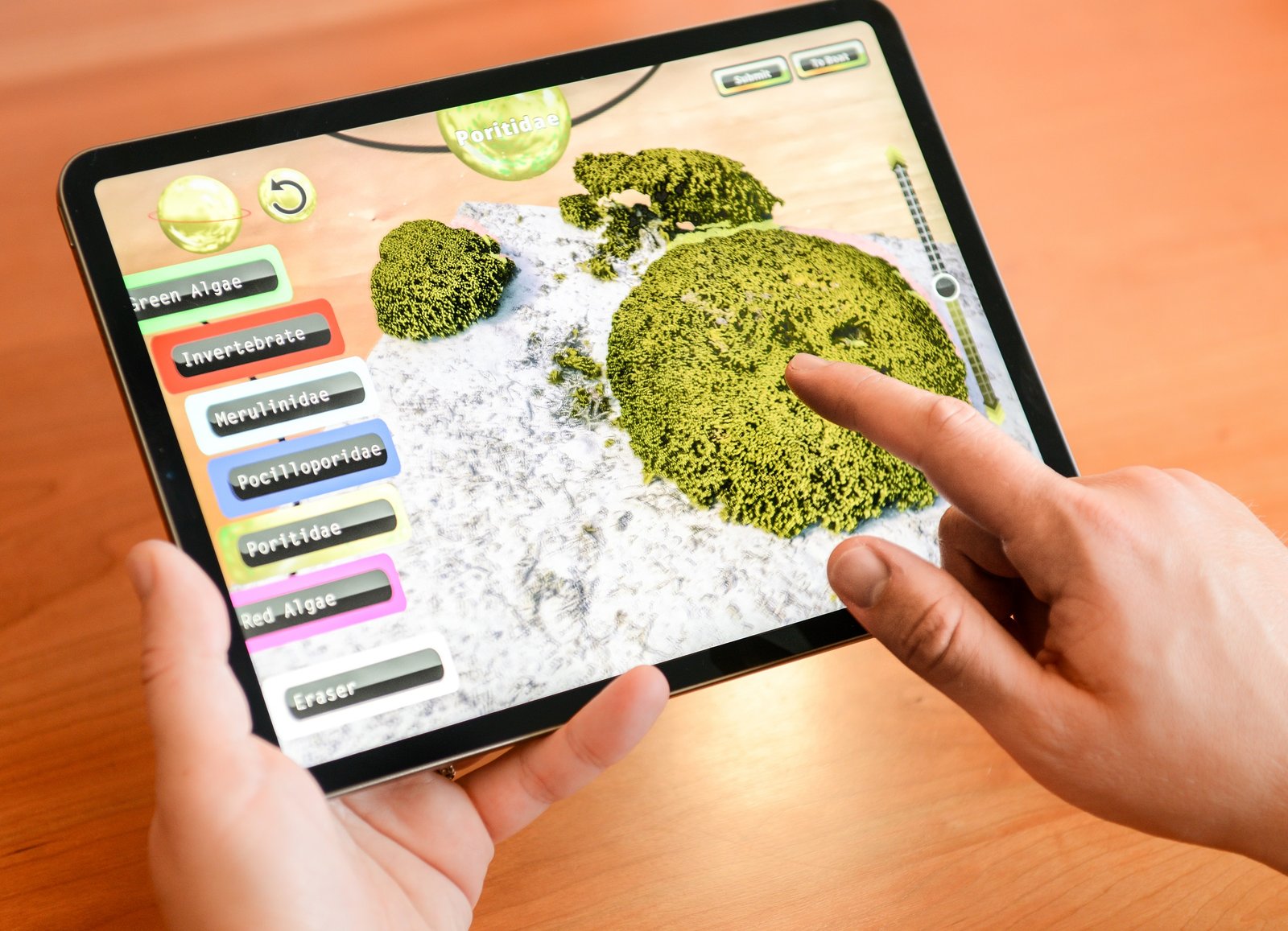 Mãos seguram um tablet com a interface do jogo NeMO-Net para classificar elementos de recifes