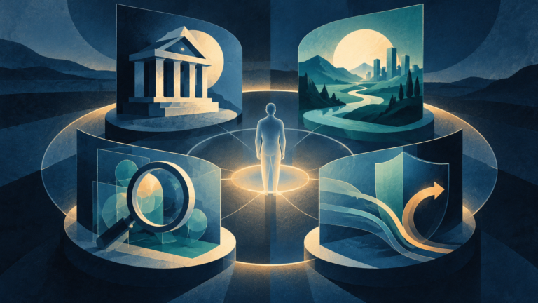 Ilustração editorial de quatro áreas de gestão de risco de IA conectadas a uma decisão humana