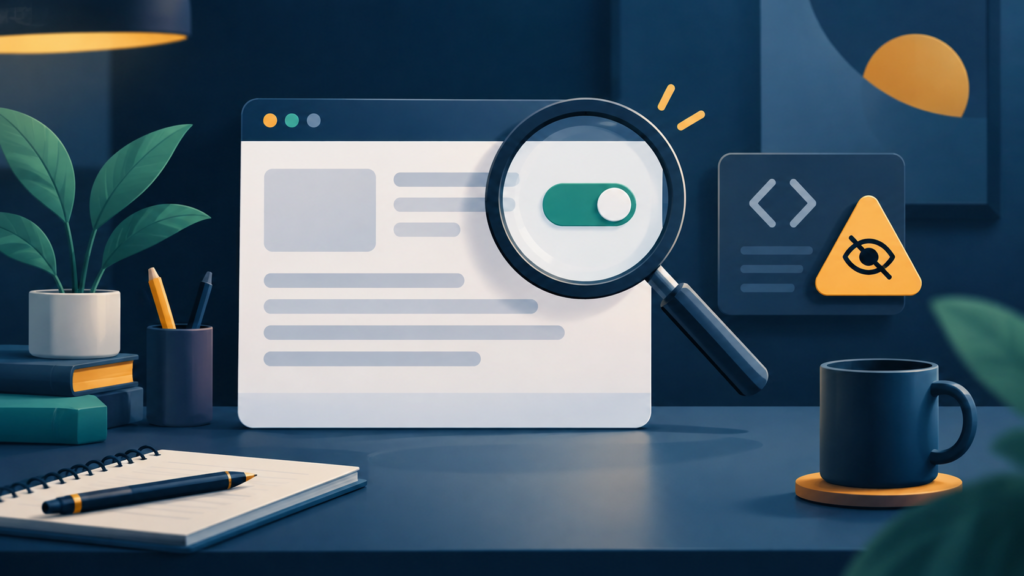 Ilustração editorial de uma página web sob lupa, com controle de indexação e sinal de atenção
