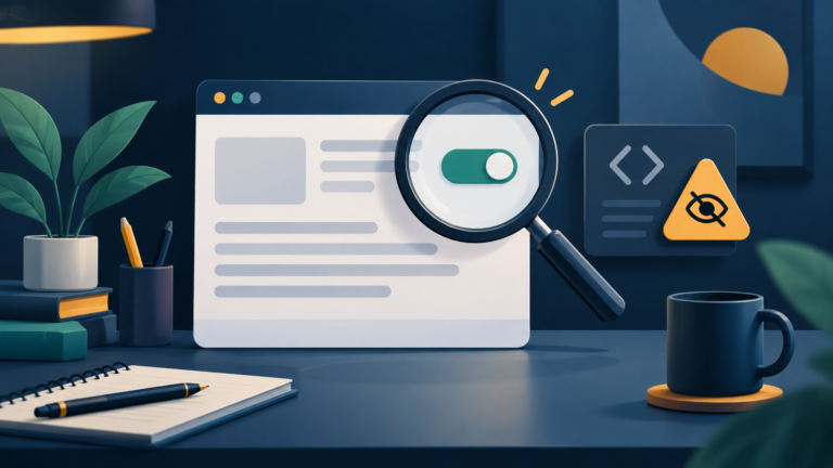 Ilustração editorial de uma página web sob lupa, com controle de indexação e sinal de atenção